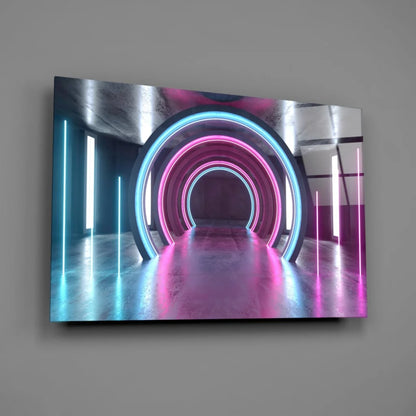 Vibrant neon pink and blue light tunnel glass wall art