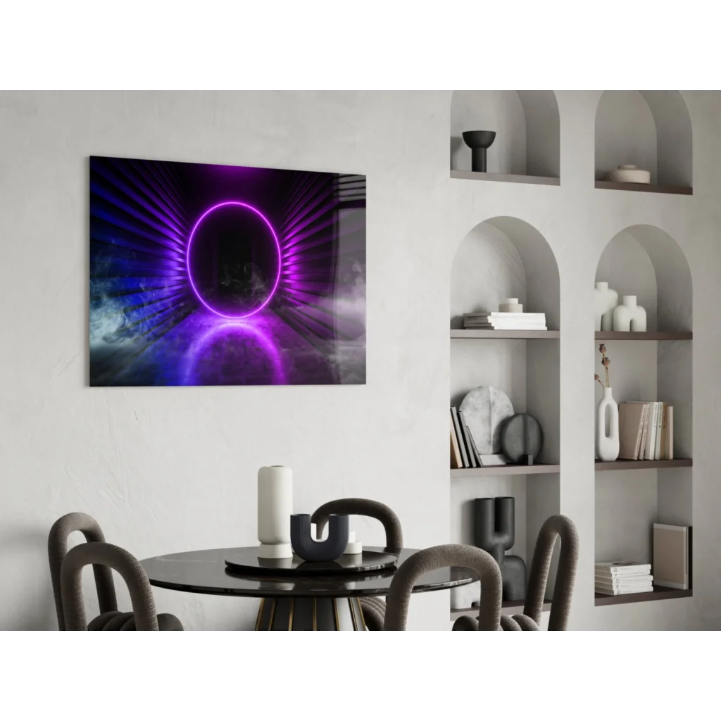 Vibrant purple neon ring glass wall art with cosmic glow on black canvas