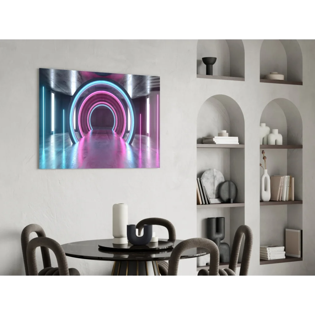 Vibrant neon pink and blue glass wall art tunnel on white wall