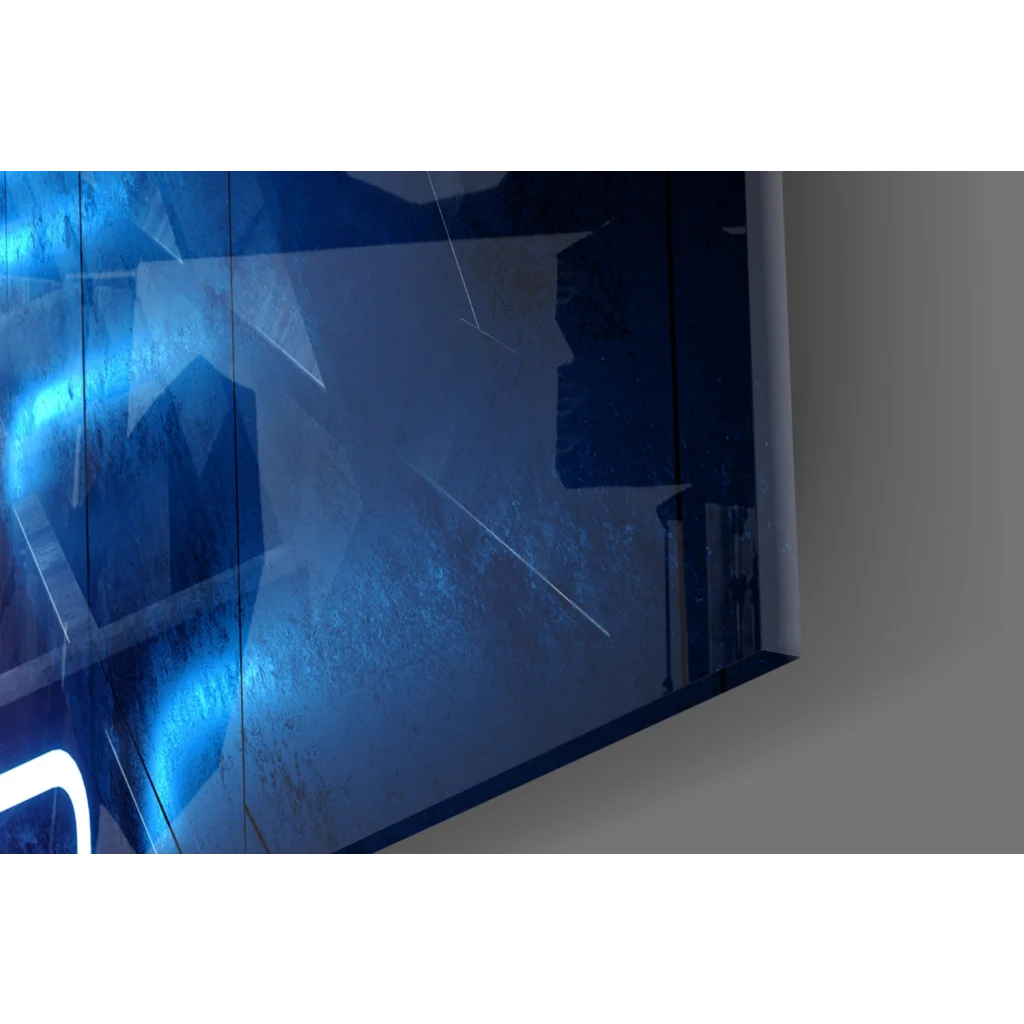 Sleek neon tunnel glass wall art with blue geometric patterns and futuristic pink lights