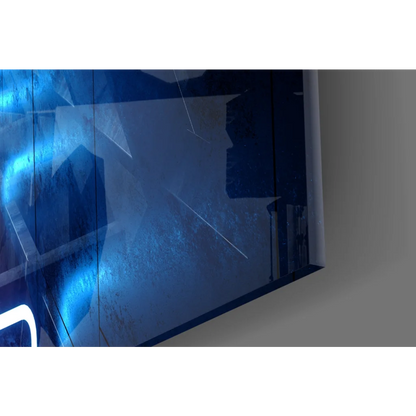 Sleek neon tunnel glass wall art with blue geometric patterns and futuristic pink lights