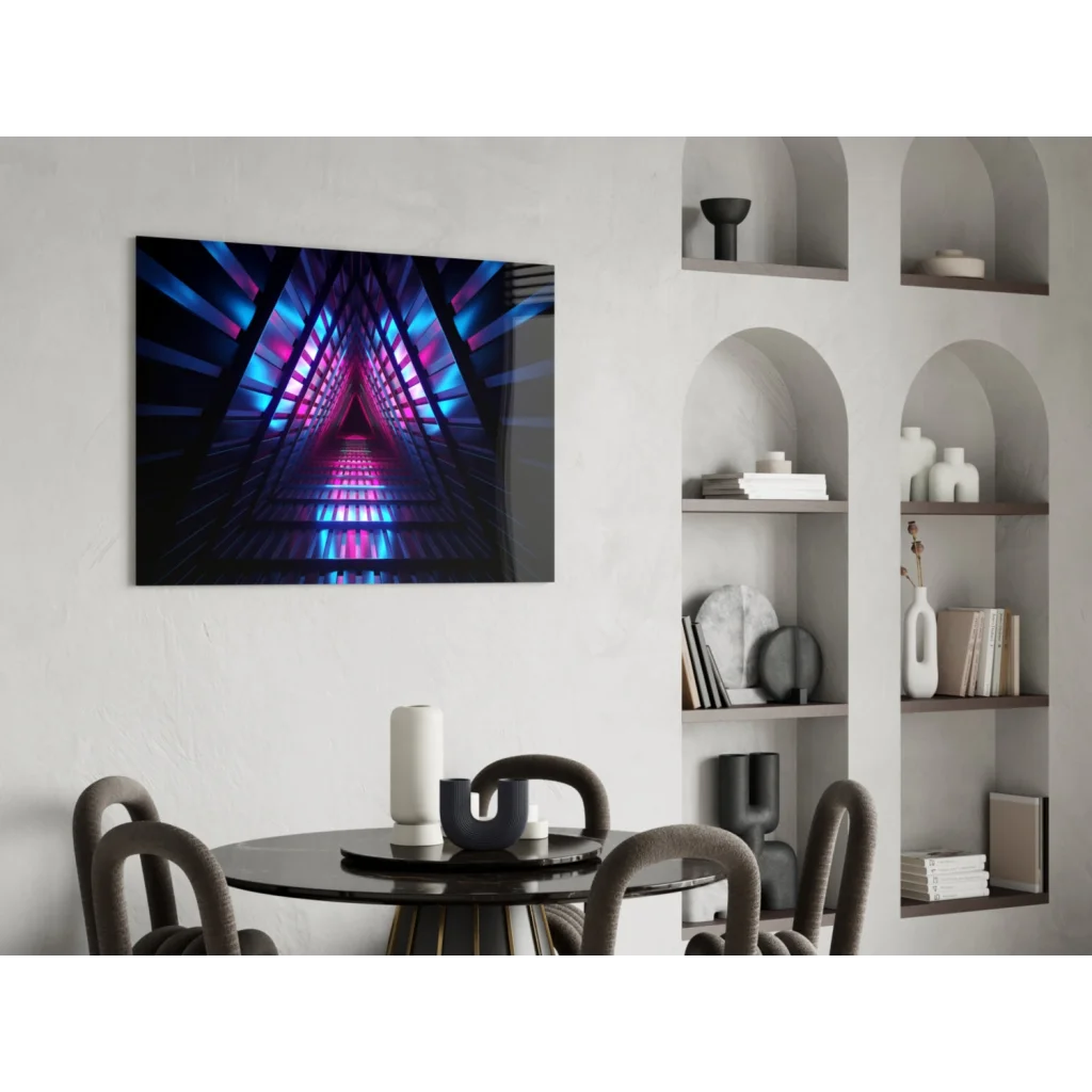 Vibrant neon tunnel canvas wall art print with blue pink lights