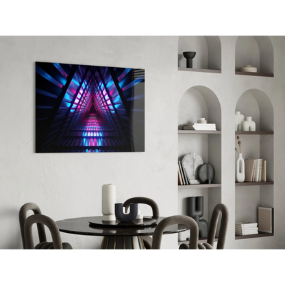 Vibrant neon tunnel canvas wall art print with blue pink lights