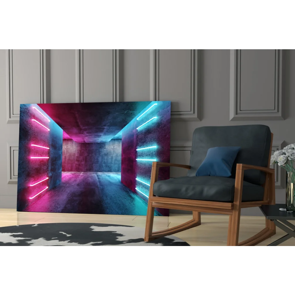 Vibrant neon tunnel glass wall art with pink cyan glow