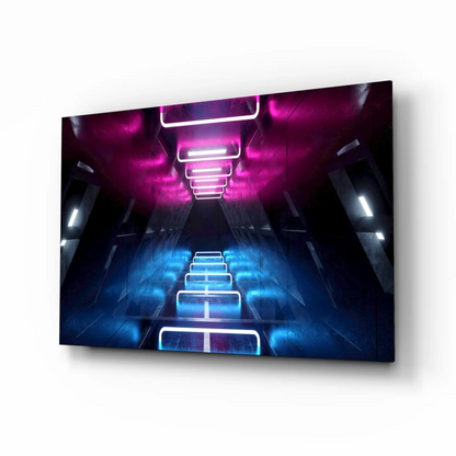 Neon tunnel glass wall art with pink blue futuristic lights