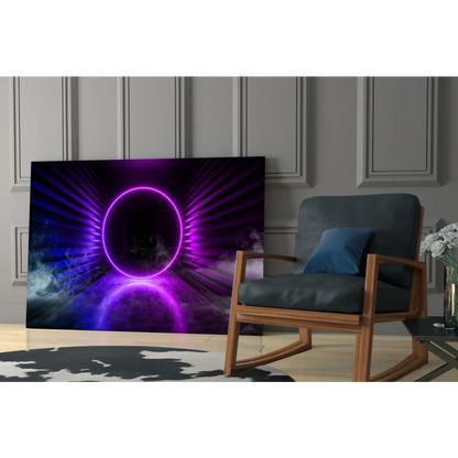Vibrant purple neon ring glass wall art on cosmic blue black glow background
