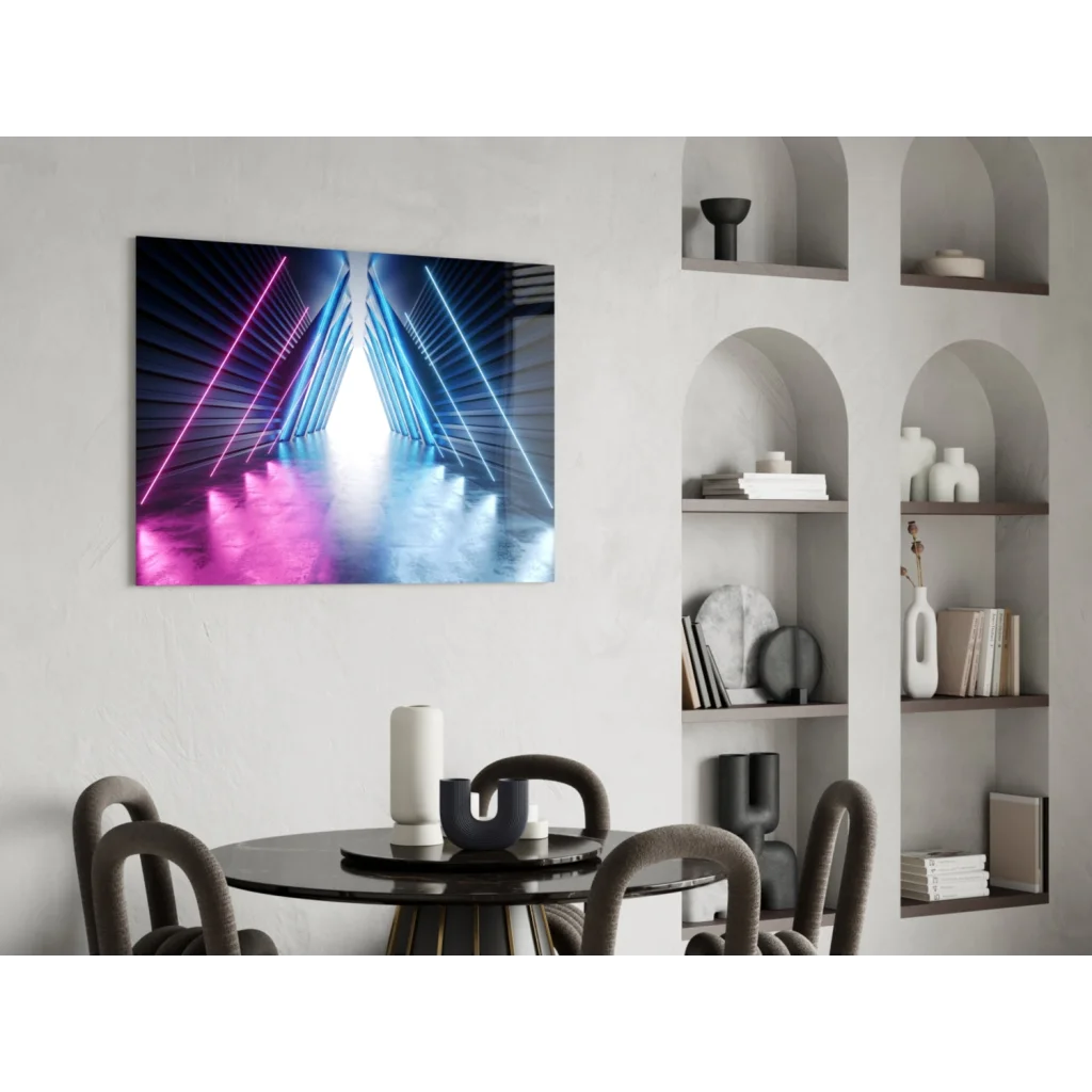 Vibrant neon pink blue glow in futuristic glass wall art corridor