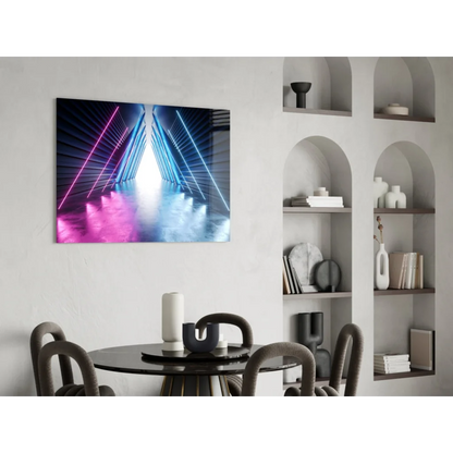 Vibrant neon pink blue glow in futuristic glass wall art corridor
