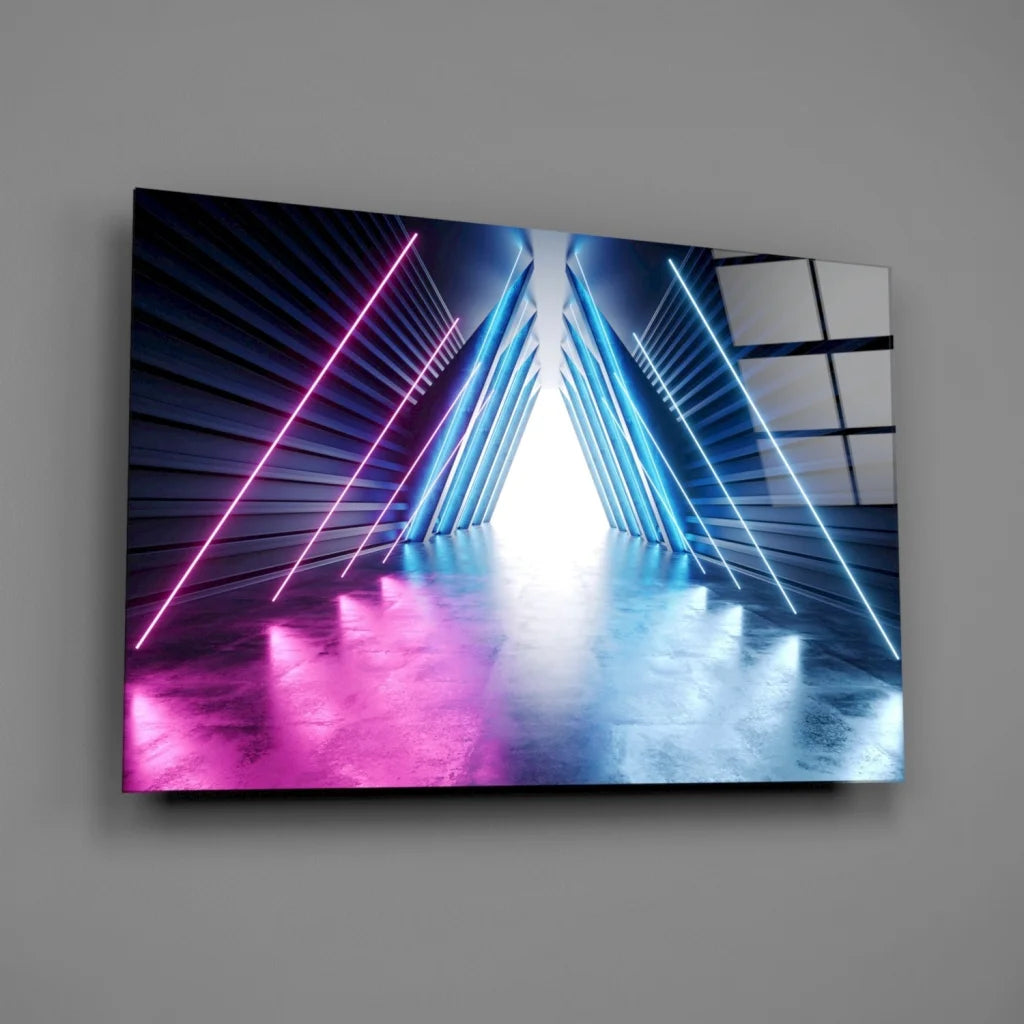 Neon-lit futuristic corridor glass wall art with pink blue glow