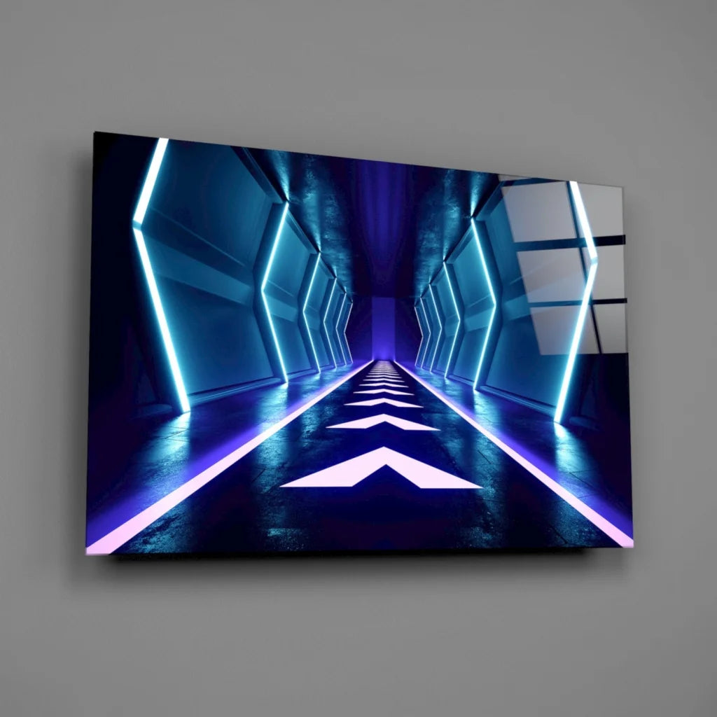 Futuristic neon tunnel glass wall art with blue purple lights