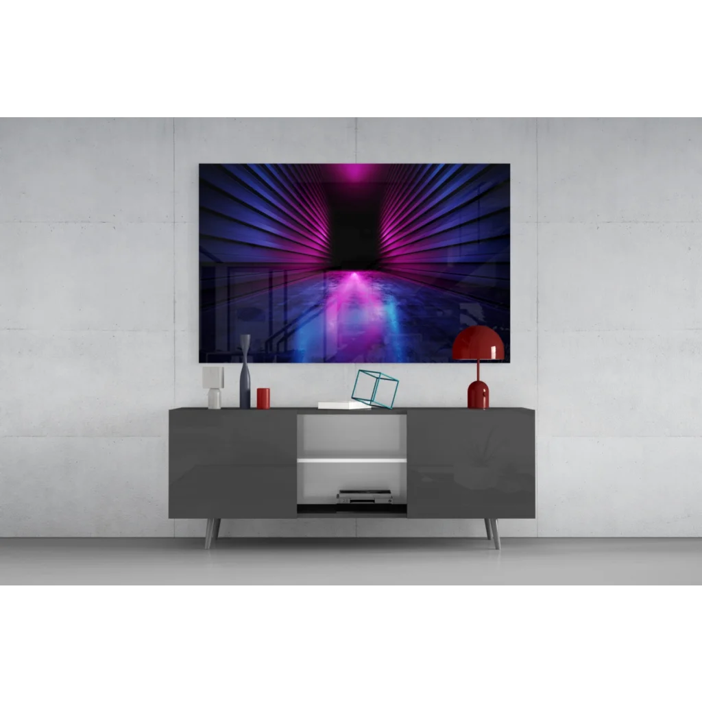 Sleek gray media console with minimalist legs under Neon Tunnel wall art