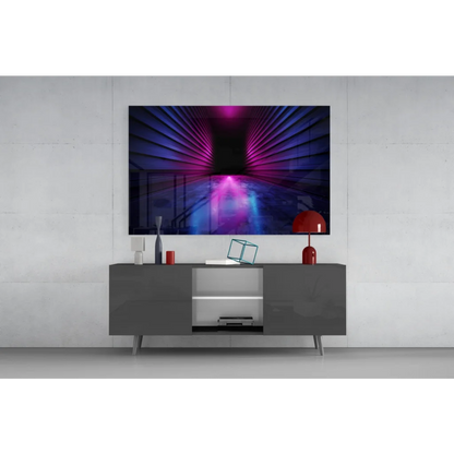 Sleek gray media console with minimalist legs under Neon Tunnel wall art