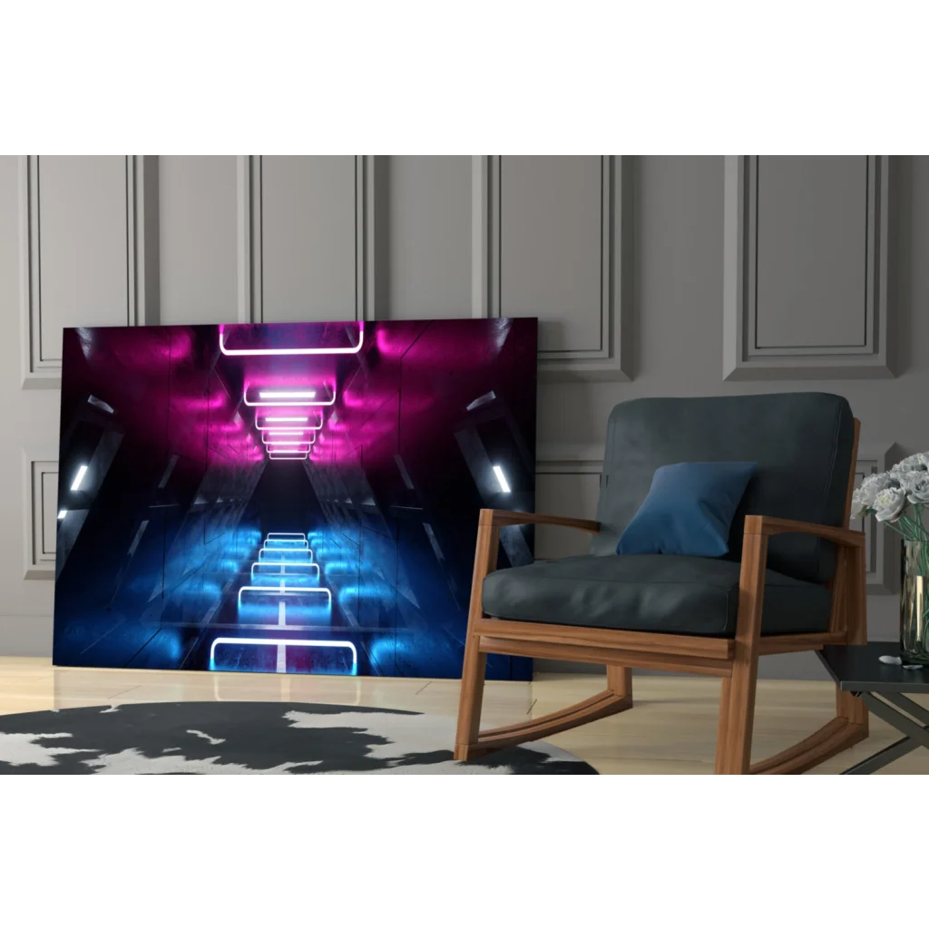 Vibrant neon tunnel glass wall art with pink blue futuristic lights