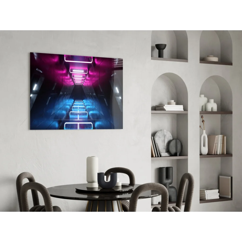 Vibrant neon tunnel glass wall art with pink and blue futuristic lights in modern dining room