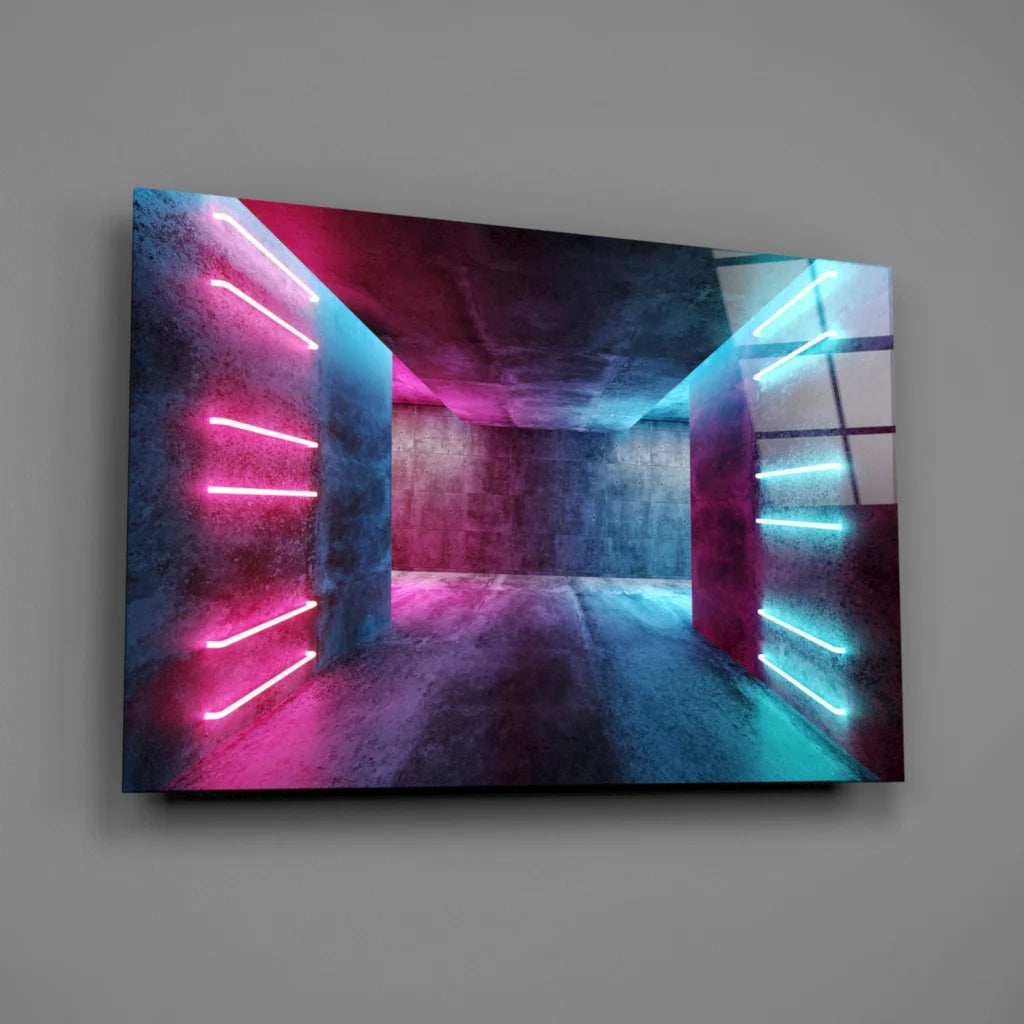 Neon tunnel glass wall art with pink and cyan glow