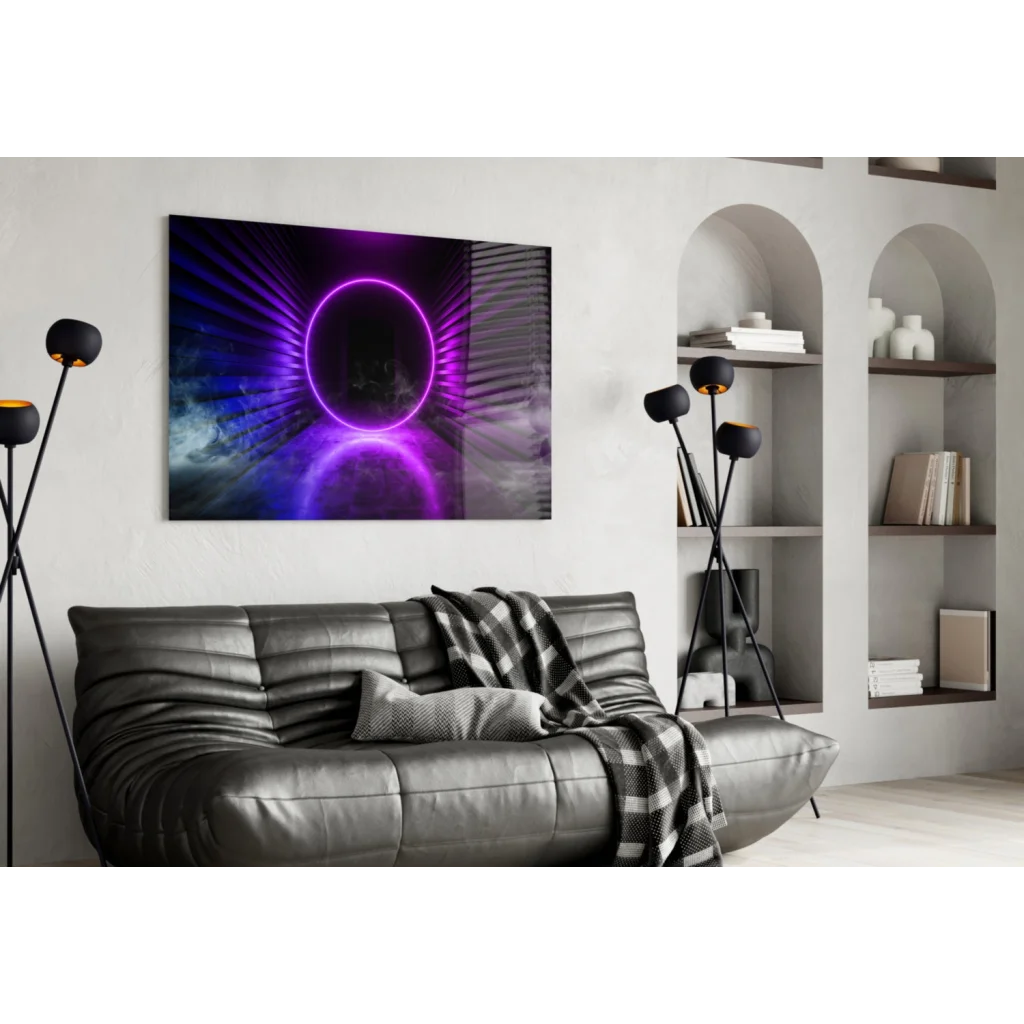 Vibrant purple neon ring glass wall art with cosmic glow on wall