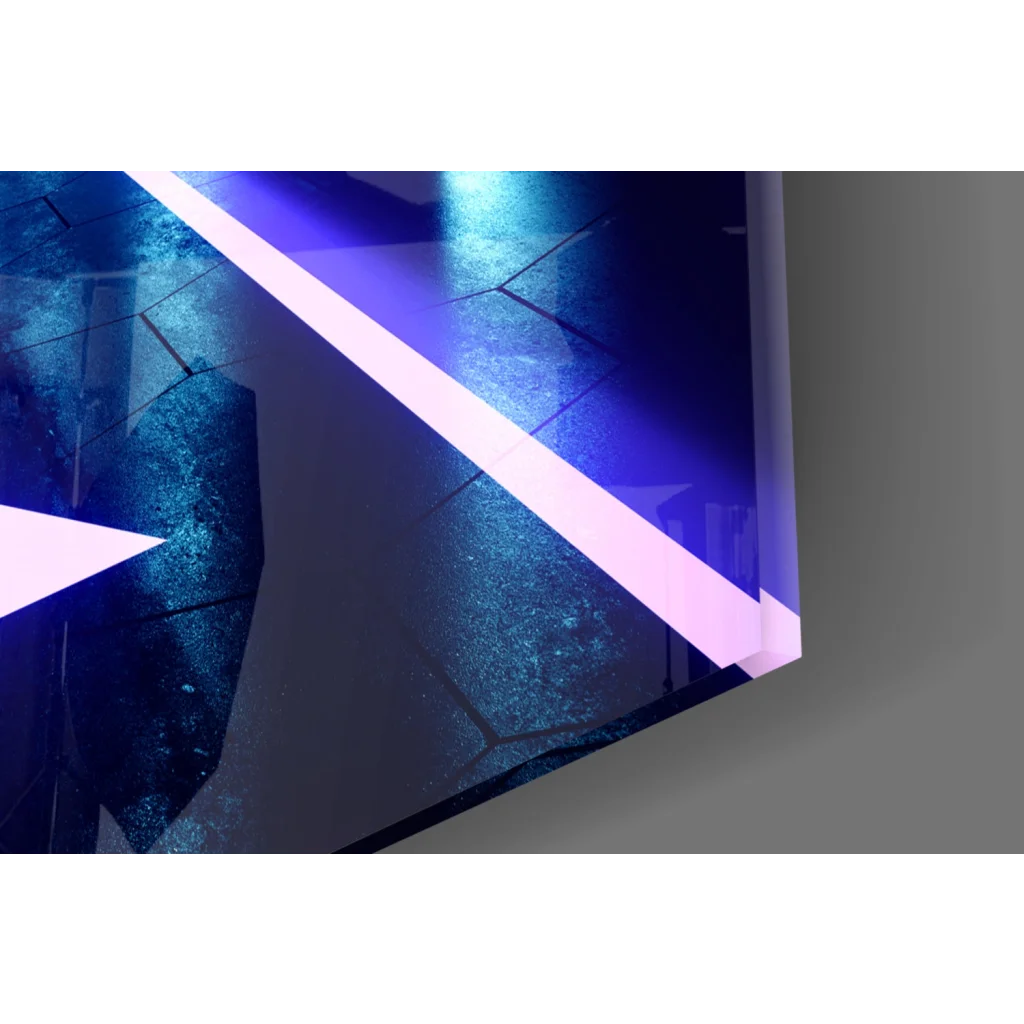 Sleek glass wall art with glossy black frame and vibrant blue LED lights