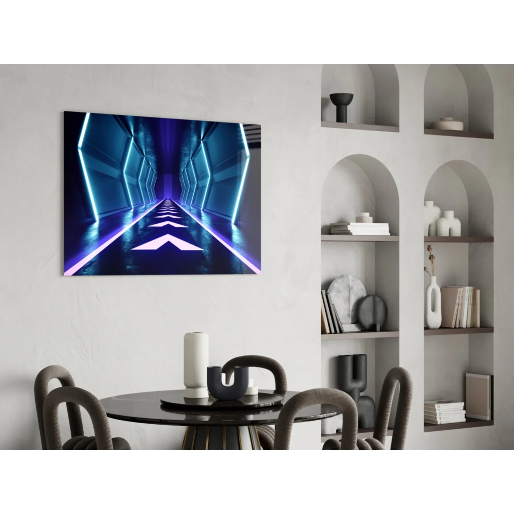Futuristic neon tunnel glass wall art with blue purple lights