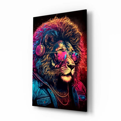 Vibrant neon lion DJ glass wall art with headphones and sunglasses
