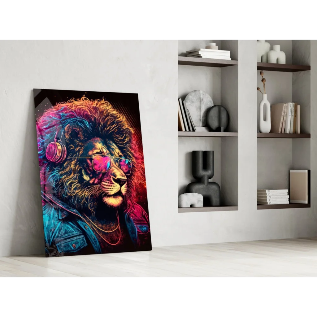 Vibrant neon lion DJ glass wall art with headphones and sunglasses