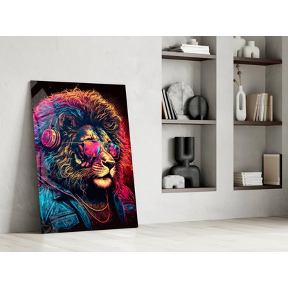 Vibrant neon lion DJ glass wall art with headphones and sunglasses