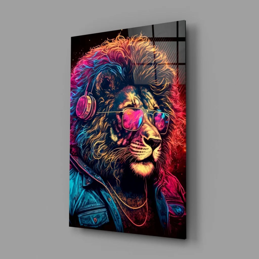 Vibrant neon lion DJ glass wall art with headphones and sunglasses
