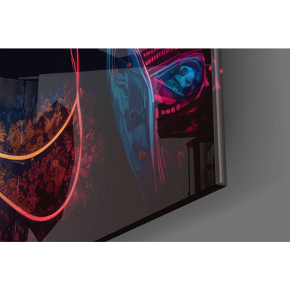 Neon Lion DJ glass wall art with headphones, sunglasses, and vibrant Samsung QLED TV accents