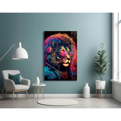 Vibrant neon lion DJ glass wall art with headphones and sunglasses