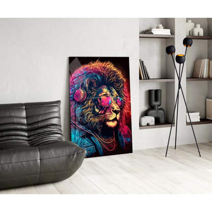 Vibrant neon lion DJ glass wall art with headphones and sunglasses