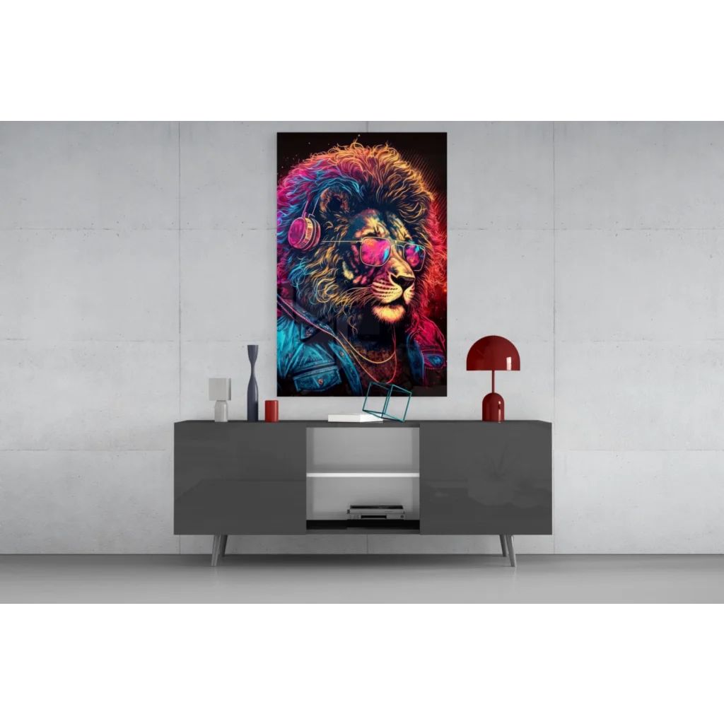 Neon Lion DJ glass wall art with headphones and sunglasses