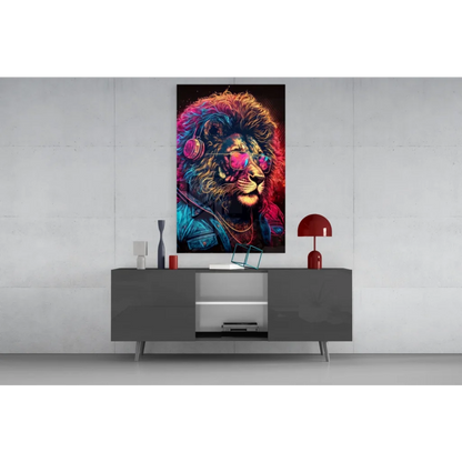 Neon Lion DJ glass wall art with headphones and sunglasses