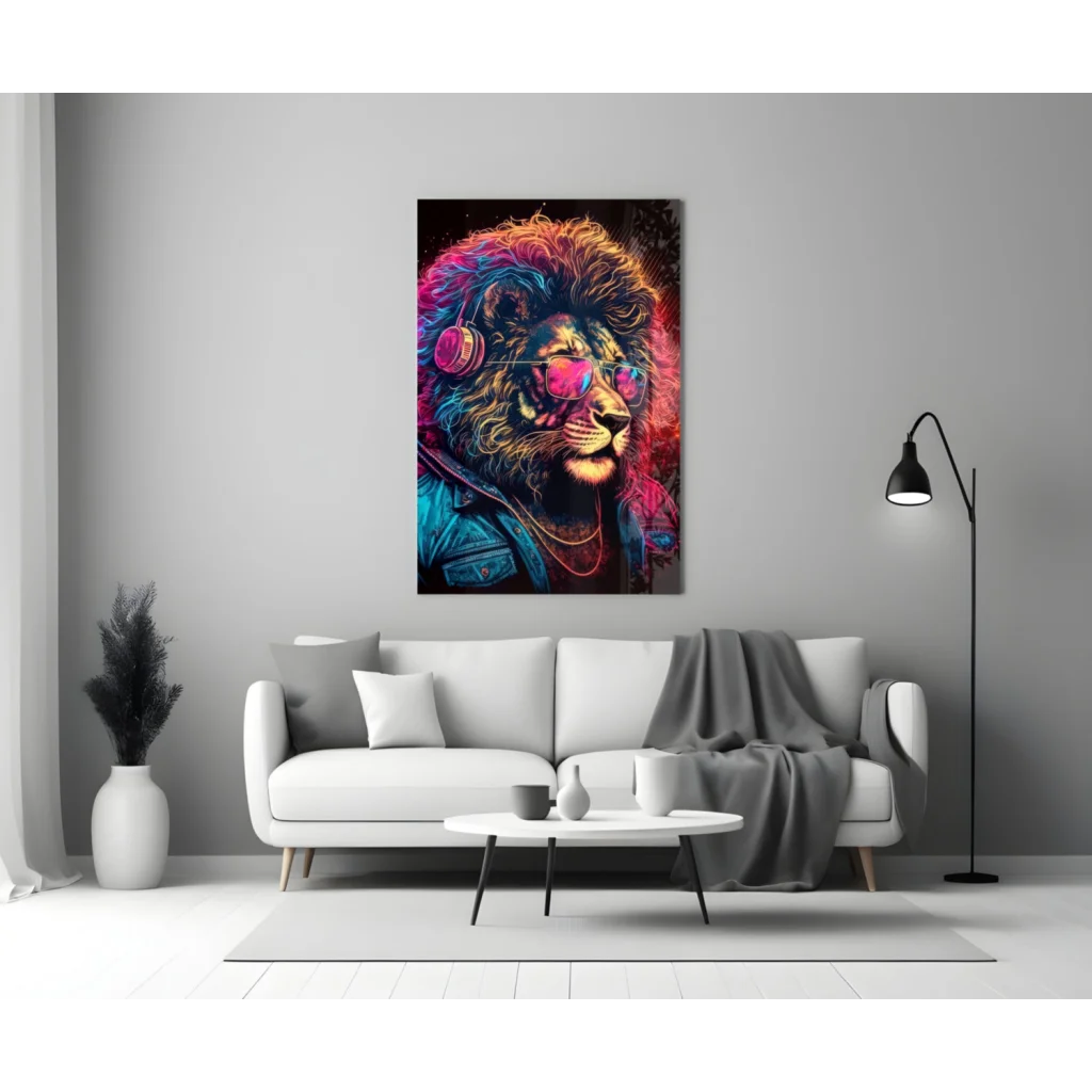 Vibrant Neon Lion DJ glass wall art with headphones and sunglasses