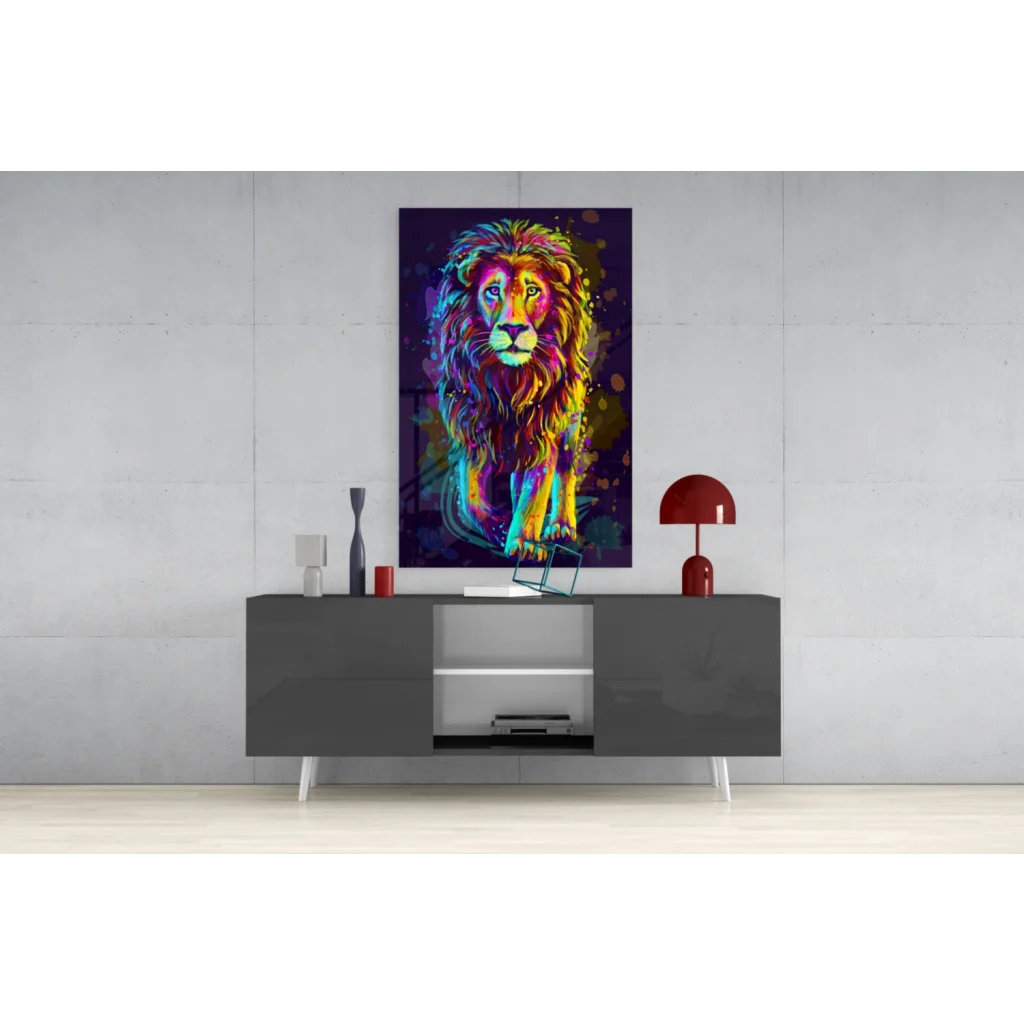 Vibrant neon lion splash glass wall art canvas portrait