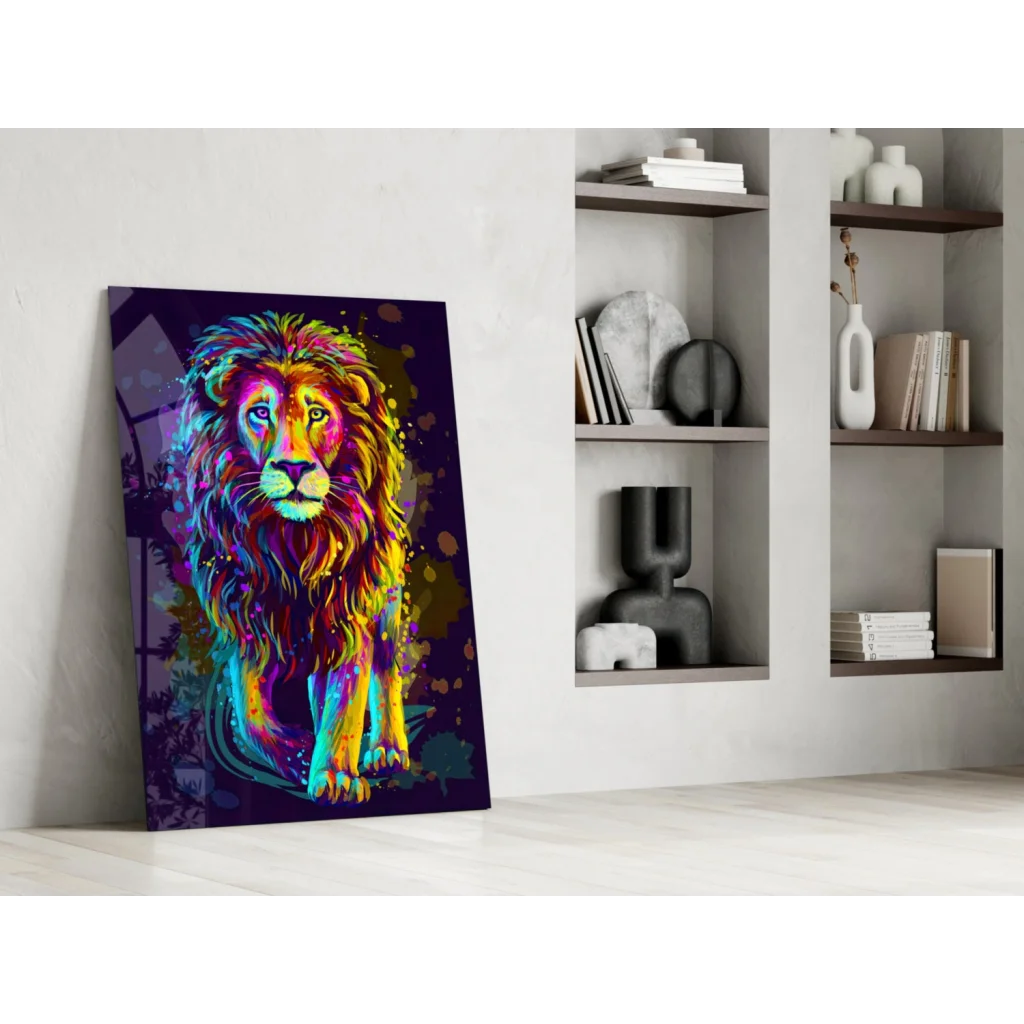 Vibrant neon lion splash glass wall art canvas on purple background