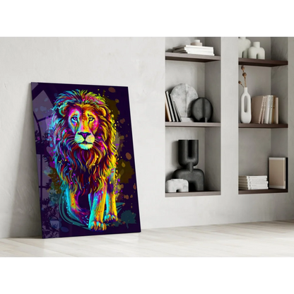 Vibrant neon lion splash glass wall art canvas on purple background