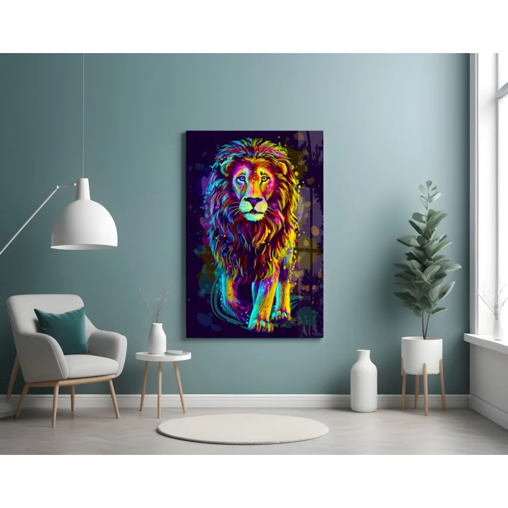 Vibrant neon lion splash glass wall art canvas portrait