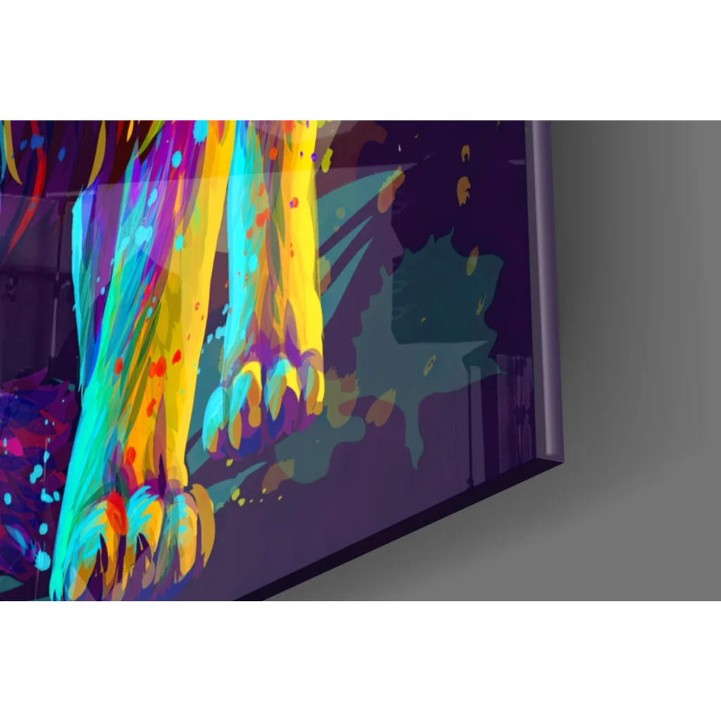 Vibrant Neon Lion Splash glass wall art with bold yellow, cyan, magenta streaks on purple