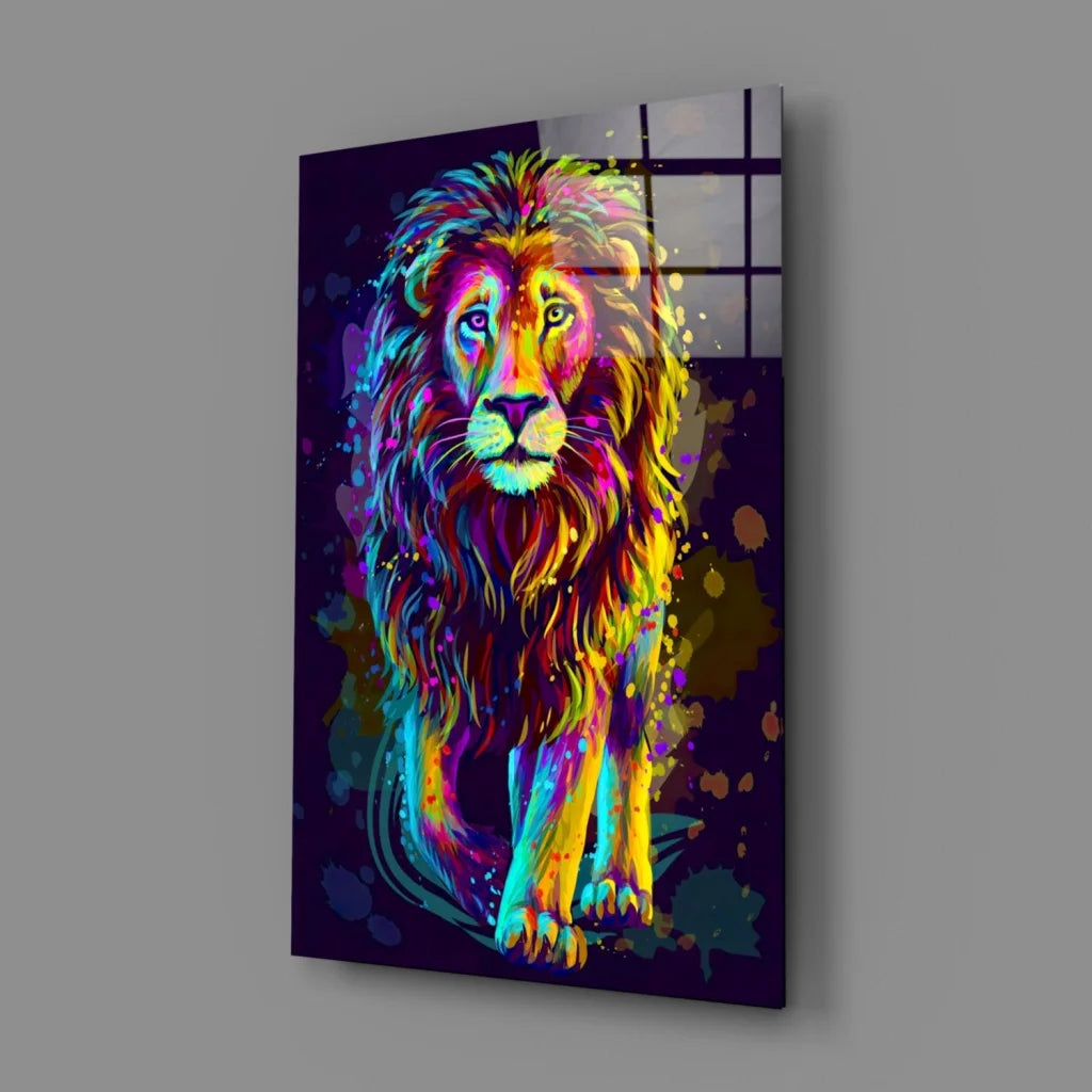 Vibrant neon lion splash glass wall art canvas portrait
