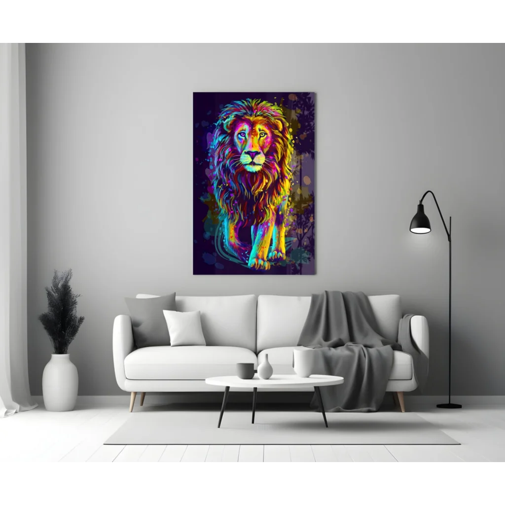 Vibrant multicolored Neon Lion Splash glass wall art above white sofa