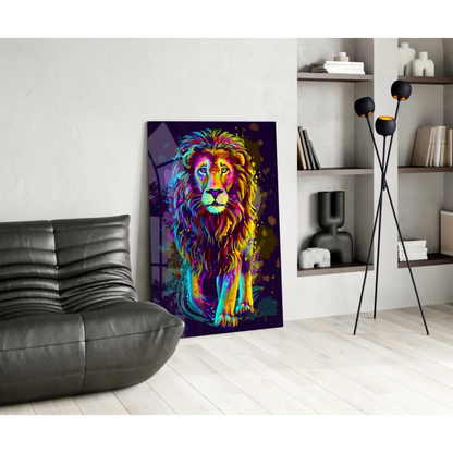 Vibrant neon lion splash on glass wall art canvas