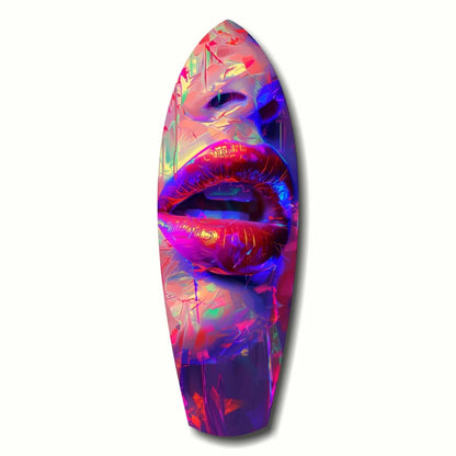 Vibrant neon lips tempered glass art surfboard with blue accents