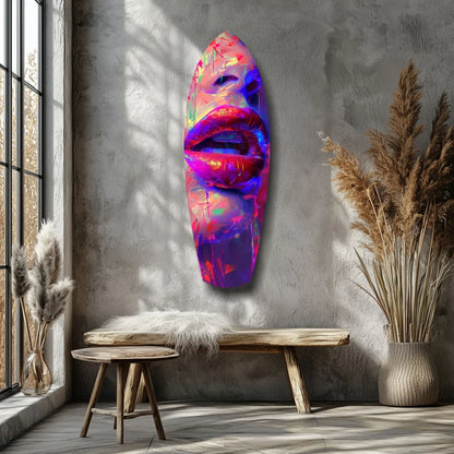 Vibrant neon lips surfboard tempered glass art with iridescent purple pink hues