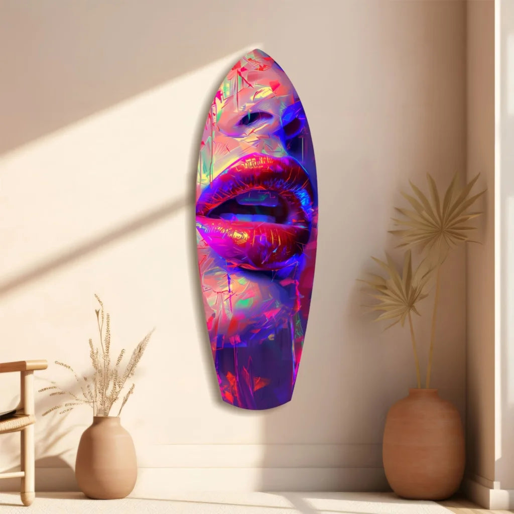 Vibrant neon lips on surfboard tempered glass art, bold pink purple hues
