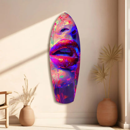 Vibrant neon lips on surfboard tempered glass art, bold pink purple hues