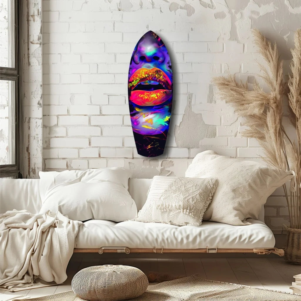 Vibrant rainbow lips surfboard tempered glass art with size comparison