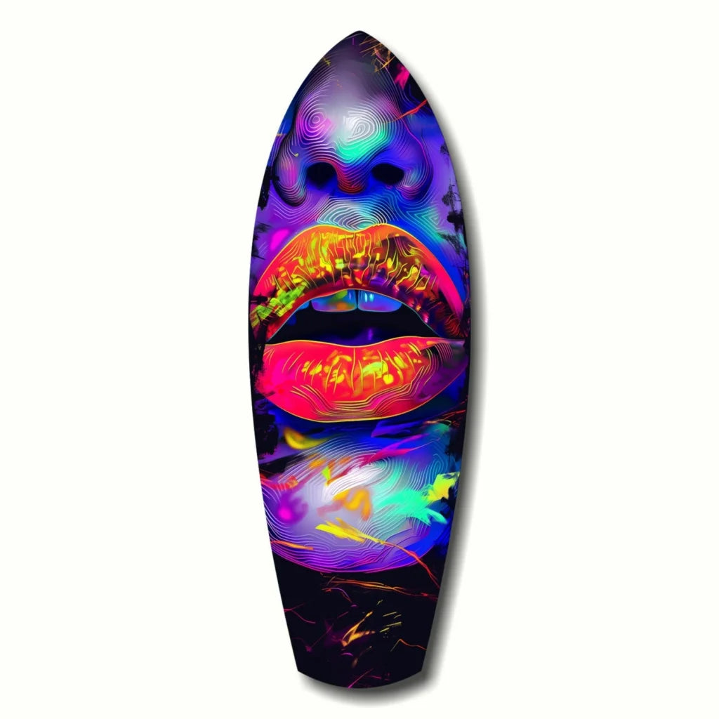 Neon skull surfboard with vibrant lips on tempered glass art