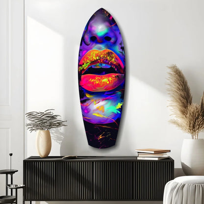 Vibrant neon lips surfboard tempered glass art wall decor