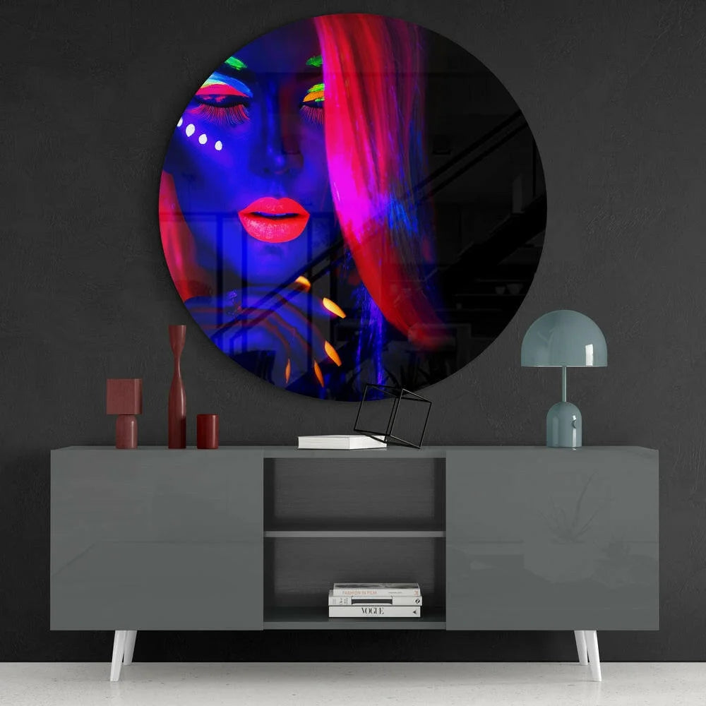 Neon-lit tempered glass art of vibrant womans face with red lips