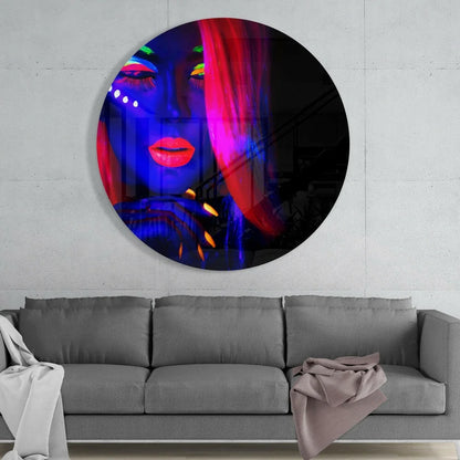 Vibrant neon-lit woman’s face in tempered glass art, glowing magic on black