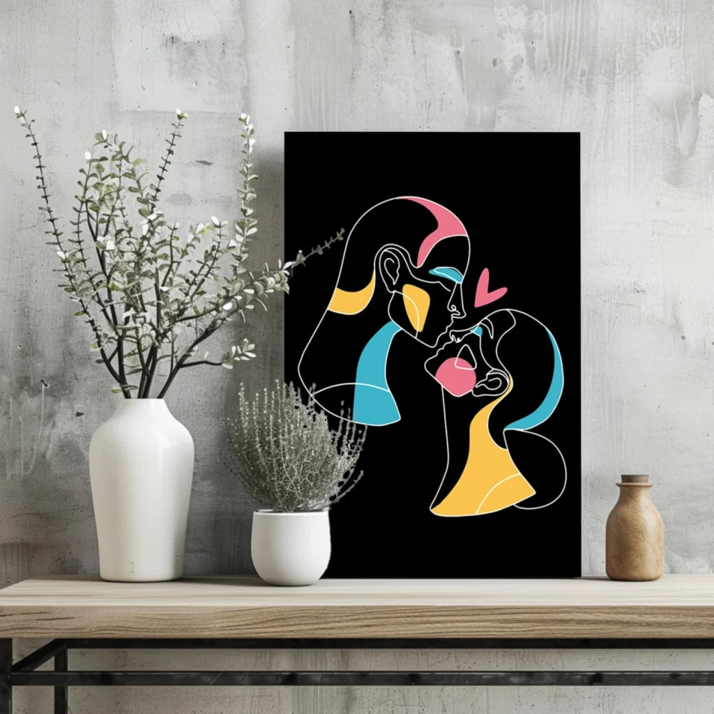 Vibrant Neon Love Embrace canvas print in electric blue and yellow